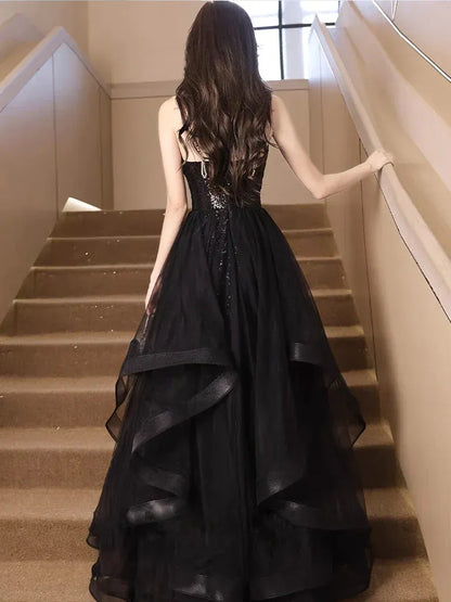 Dazzling Sequin-Tulle Maxi Evening Dress Black Deep V Sleeveless for Women