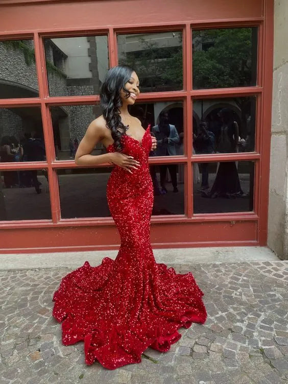 Dazzling Sequin Floor-Length Evening Dress Red Sweetheart Sleeveless for Women