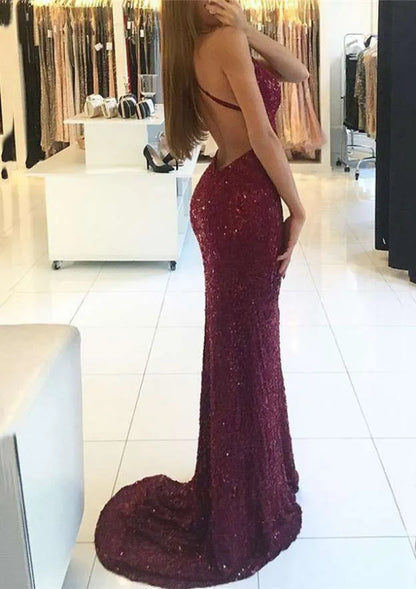 Dazzling Sequin Long Evening Dress Burgundy Halter-Neck Sleeveless Party Gown for Women