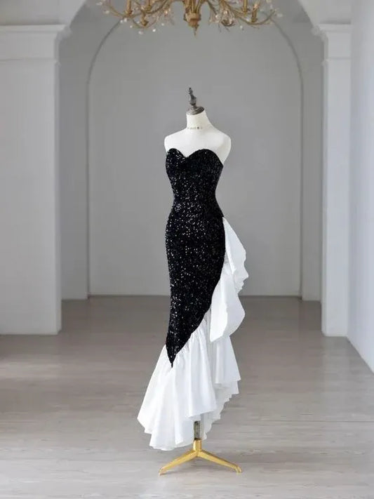 Dazzling Sequin Maxi Evening Dress Black-White Sweetheart Sleeveless for Women