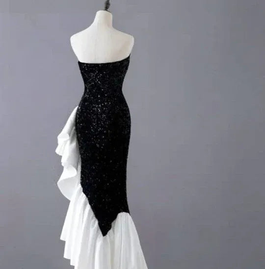 Dazzling Sequin Maxi Evening Dress Black-White Sweetheart Sleeveless for Women