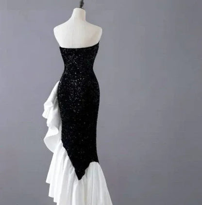 Dazzling Sequin Maxi Evening Dress Black-White Sweetheart Sleeveless for Women