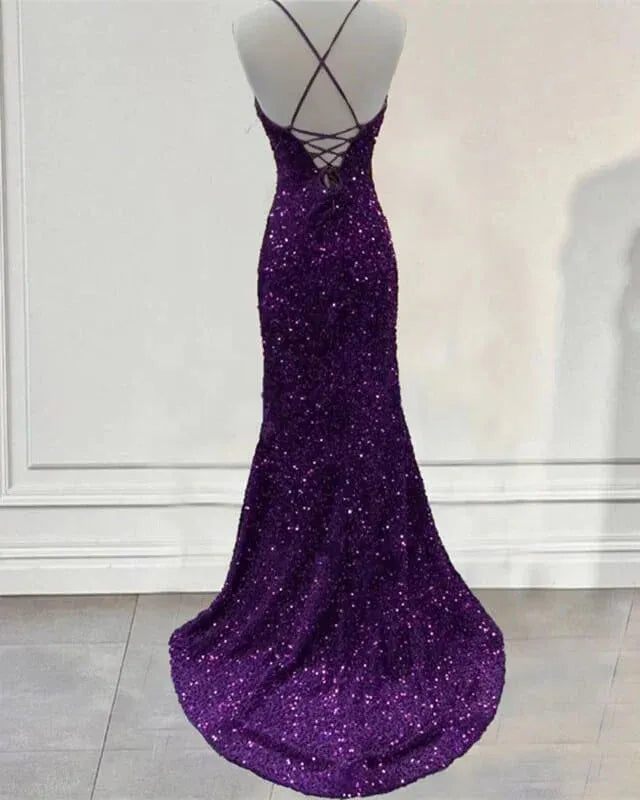 Dazzling Sequin Maxi Evening Dress Purple Sweetheart Sleeveless for Women
