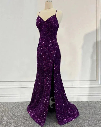 Dazzling Sequin Maxi Evening Dress Purple Sweetheart Sleeveless for Women