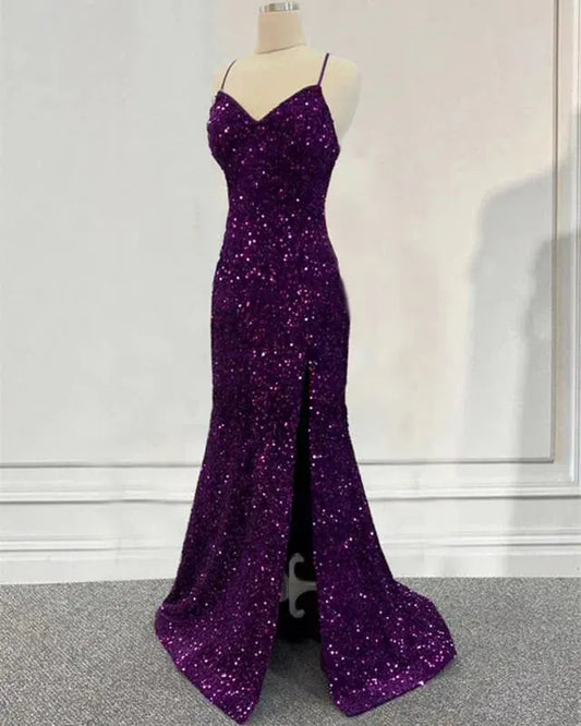 Dazzling Sequin Maxi Evening Dress Purple Sweetheart Sleeveless for Women