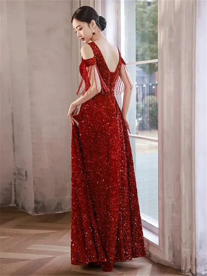 Dazzling Sequin Maxi Evening Dress Red Cold-Shoulder Fringe Sleeves for Women