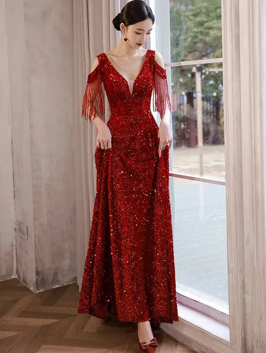 Dazzling Sequin Maxi Evening Dress Red Cold-Shoulder Fringe Sleeves for Women
