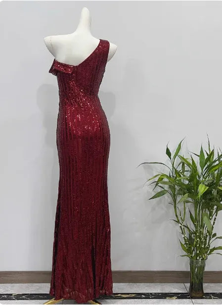 Dazzling Sheath One-Shoulder Sleeveless Sequin Burgundy Maxi Prom Dress for Women Custom
