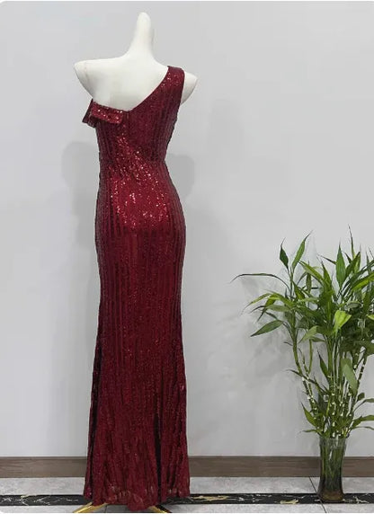 Dazzling Sheath One-Shoulder Sleeveless Sequin Burgundy Maxi Prom Dress for Women Custom