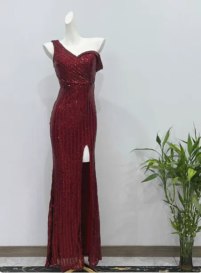 Dazzling Sheath One-Shoulder Sleeveless Sequin Burgundy Maxi Prom Dress for Women Custom