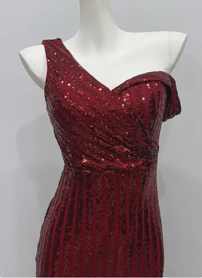 Dazzling Sheath One-Shoulder Sleeveless Sequin Burgundy Maxi Prom Dress for Women Custom