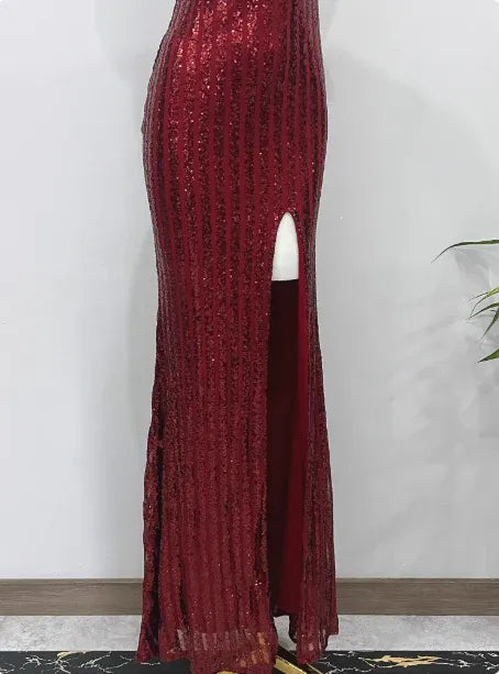 Dazzling Sheath One-Shoulder Sleeveless Sequin Burgundy Maxi Prom Dress for Women Custom