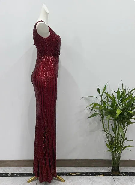 Dazzling Sheath One-Shoulder Sleeveless Sequin Burgundy Maxi Prom Dress for Women Custom