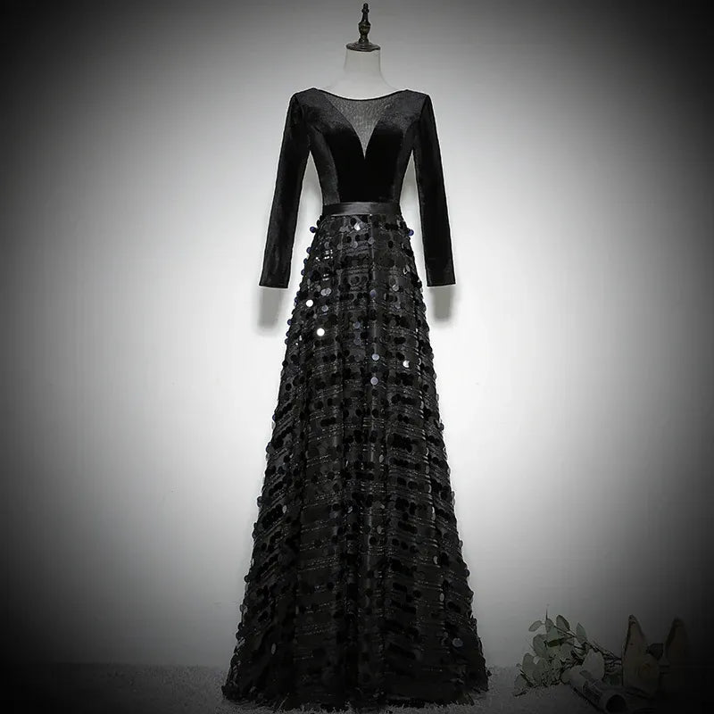 Dazzling Velvet-Sequin Long Evening Dress Black V-Neck Long-Sleeve Party Gown for Women