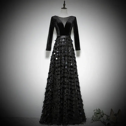 Dazzling Velvet-Sequin Long Evening Dress Black V-Neck Long-Sleeve Party Gown for Women