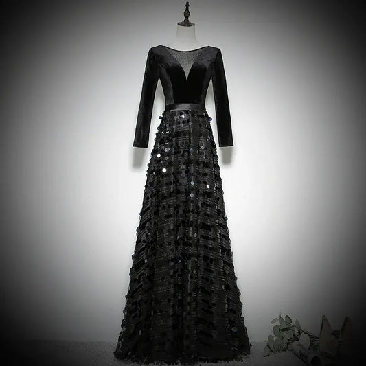 Dazzling Velvet-Sequin Long Evening Dress Black V-Neck Long-Sleeve Party Gown for Women