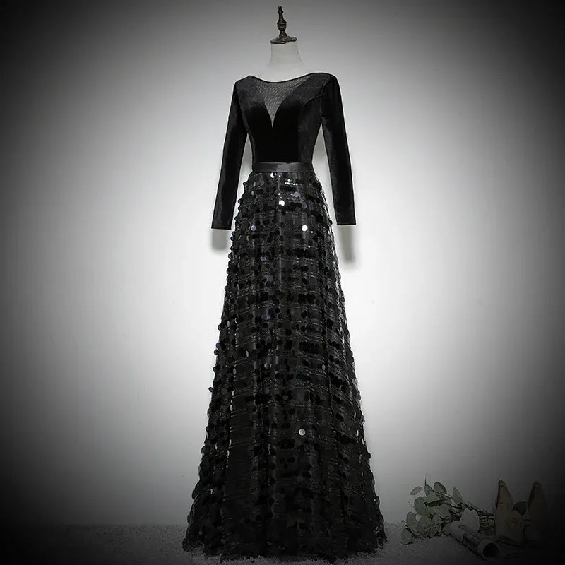 Dazzling Velvet-Sequin Long Evening Dress Black V-Neck Long-Sleeve Party Gown for Women