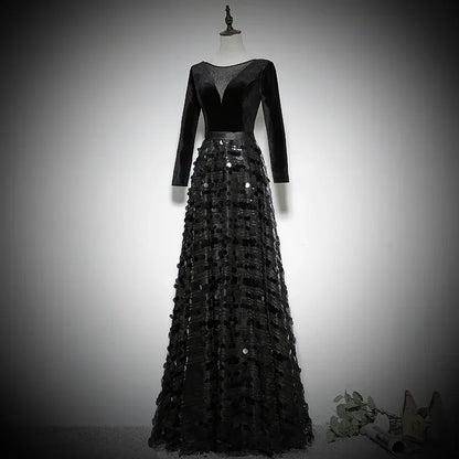 Dazzling Velvet-Sequin Long Evening Dress Black V-Neck Long-Sleeve Party Gown for Women