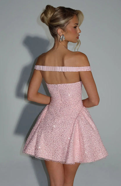 Dazzling A-Line Off-Shoulder Sequin Blush Pink Mini Homecoming Dress With Scarf