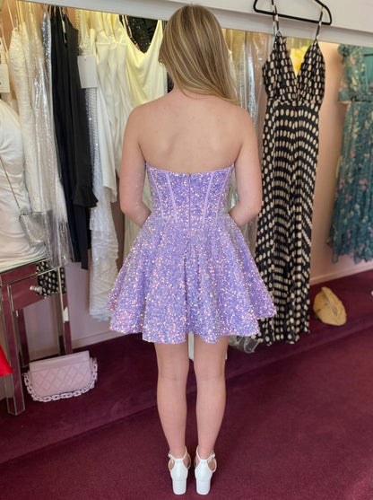 Dazzling A-Line Sweetheart Corset Sequin Lavender Short Formal Homecoming Dress
