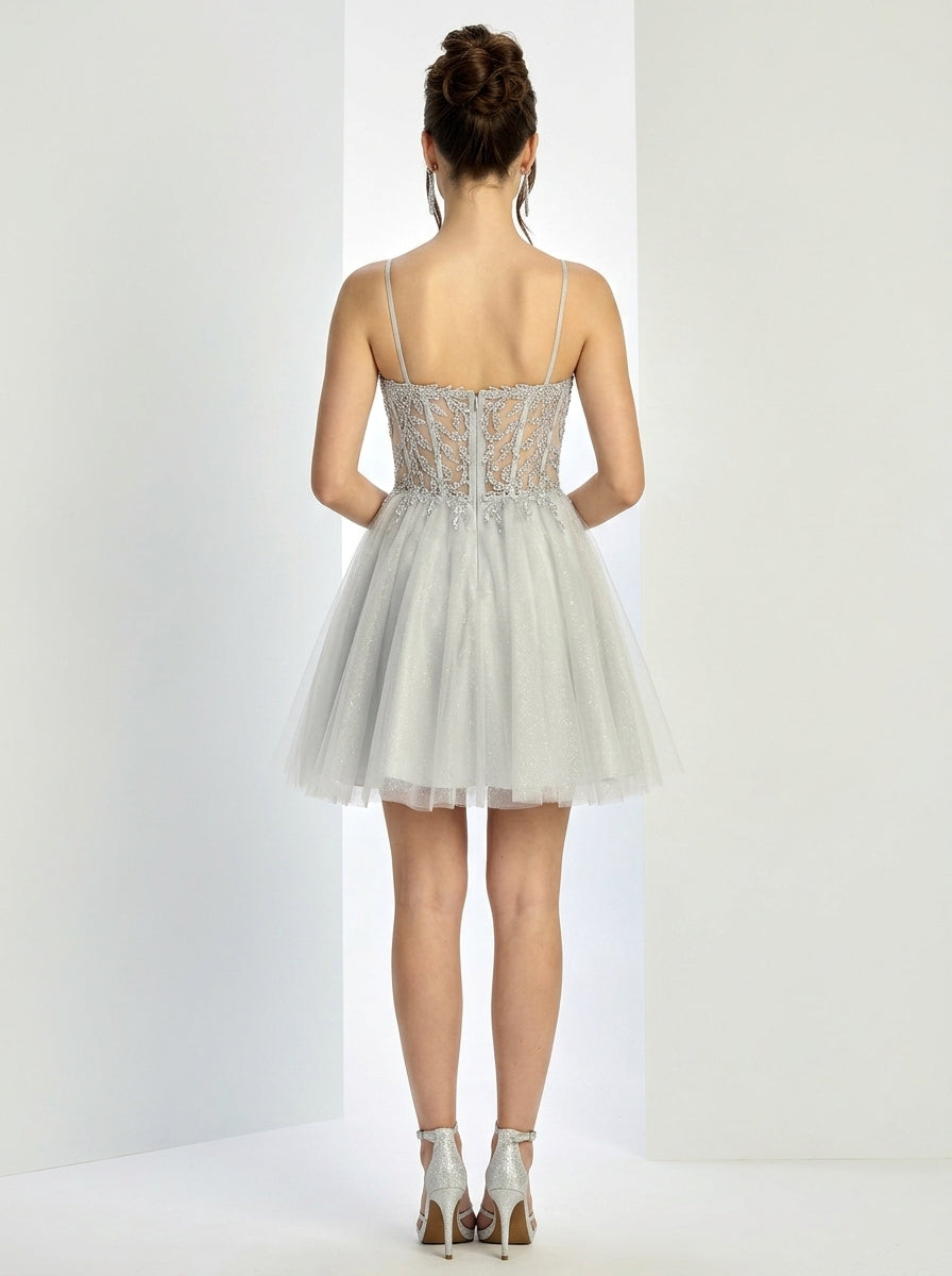 Dazzling A-Line Sweetheart Corsrt Sequins Applique Silver Short Homecoming Dress