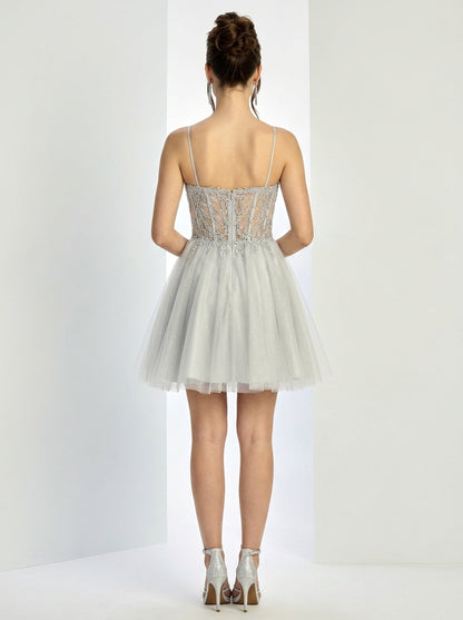 Dazzling A-Line Sweetheart Corsrt Sequins Applique Silver Short Homecoming Dress