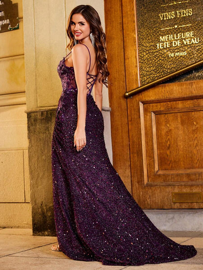 Dazzling A-Line Sweetheart High Slit Sequin Deep Purple Floor-Length Prom Dress With Applique