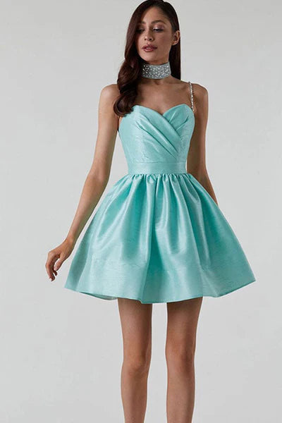 Dazzling A-Line Sweetheart Rhinestone Strap Pleated Teal Mini Homecoming Dress No Necklace