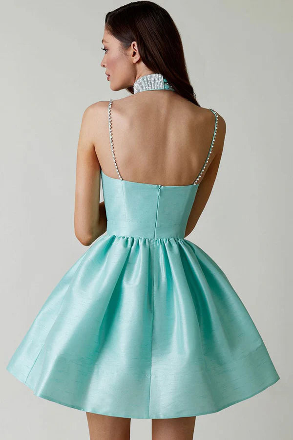 Dazzling A-Line Sweetheart Rhinestone Strap Pleated Teal Mini Homecoming Dress No Necklace