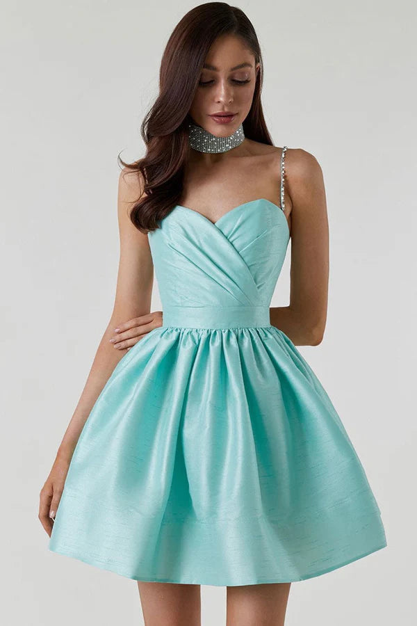 Dazzling A-Line Sweetheart Rhinestone Strap Pleated Teal Mini Homecoming Dress No Necklace