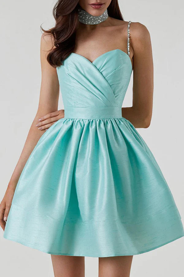 Dazzling A-Line Sweetheart Rhinestone Strap Pleated Teal Mini Homecoming Dress No Necklace