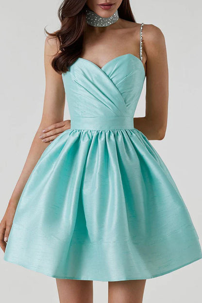 Dazzling A-Line Sweetheart Rhinestone Strap Pleated Teal Mini Homecoming Dress No Necklace
