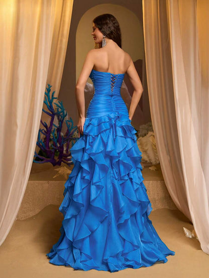 Dazzling A-Line Sweetheart Ruched Ruffled High-Slit Royal Blue Floor-Length Prom Dresses