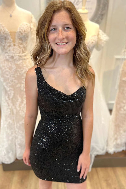 Dazzling Bodycon Cowl Neck Asymmetrical Backless Sequin Black Mini Homecoming Dress