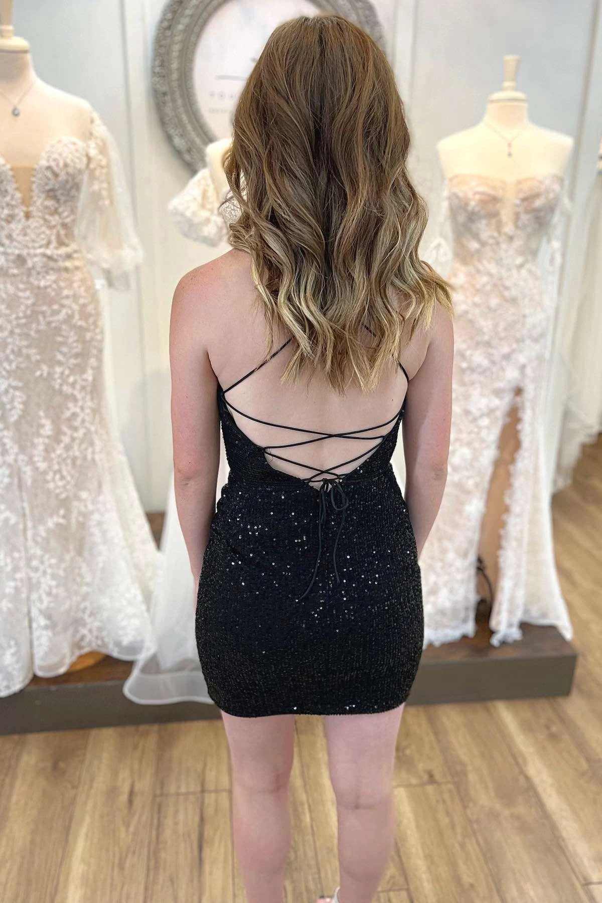 Dazzling Bodycon Cowl Neck Asymmetrical Backless Sequin Black Mini Homecoming Dress
