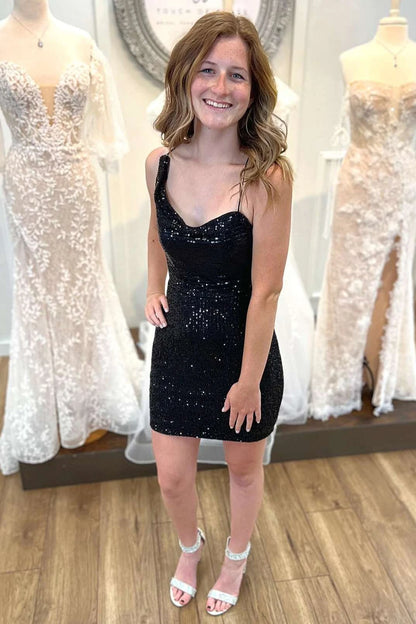 Dazzling Bodycon Cowl Neck Asymmetrical Backless Sequin Black Mini Homecoming Dress