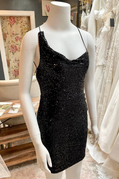 Dazzling Bodycon Cowl Neck Asymmetrical Backless Sequin Black Mini Homecoming Dress