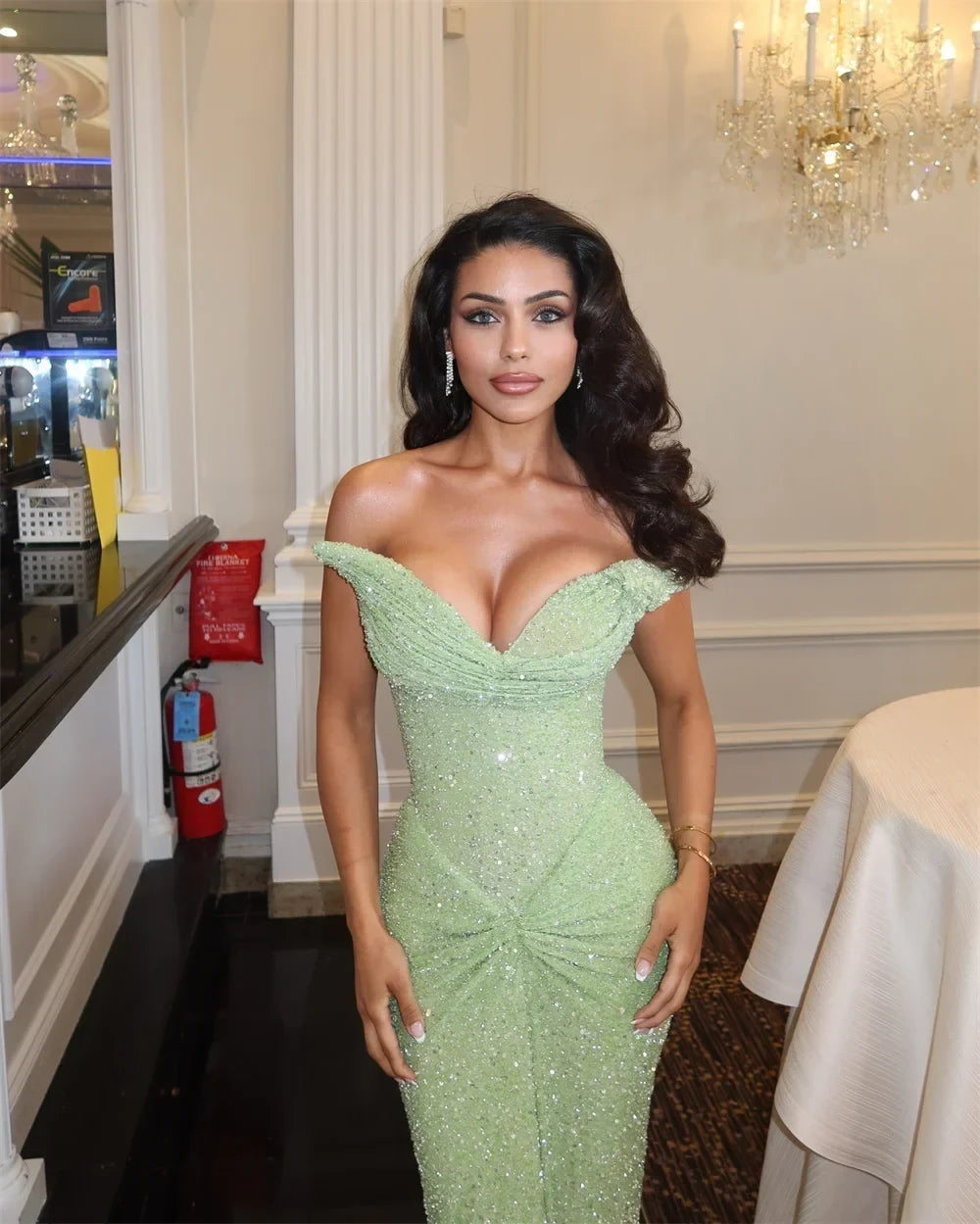 Dazzling Bodycon Off-Shoulder Sequin Ruched Mint Green Floor-Length Evening Dresses Women's Gown