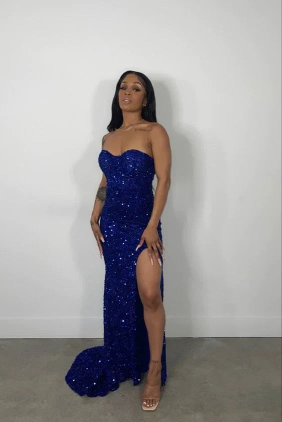 Dazzling Mermaid Sweetheart Sleeveless Sequin Slit Royal Blue Floor-Length Evening Gown