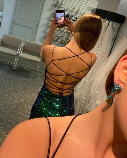 Dazzling Mermaid V-Neck Sleeveless Sequin Slit Green Blue Floor-Length Evening Gown