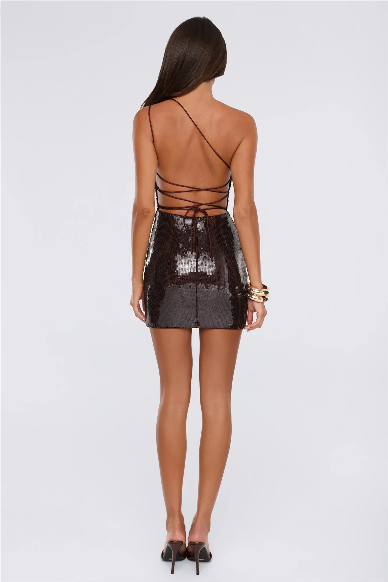 Dazzling Sheath One-Shoulder Backless Sequin Dark Brown Mini Homecoming Dress