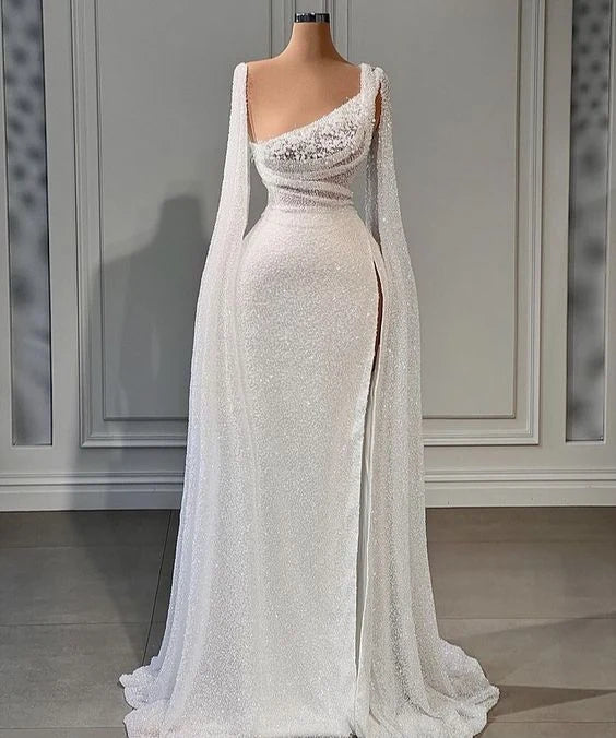 Dazzling Sparkling Bodycon Asymmetrical One-Shoulder High-Slit White Evening Gown