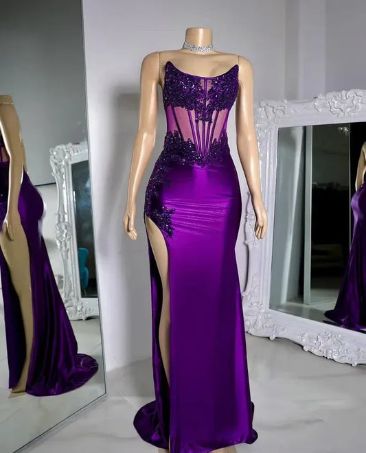 Deep Purple Sheer Corset Lace Sequin High Slit Mermaid Formal Evening Gown