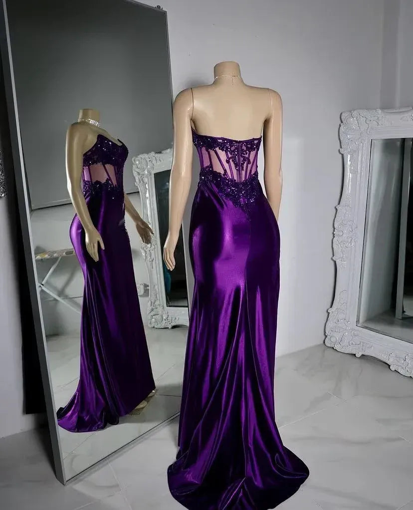 Deep Purple Sheer Corset Lace Sequin High Slit Mermaid Formal Evening Gown