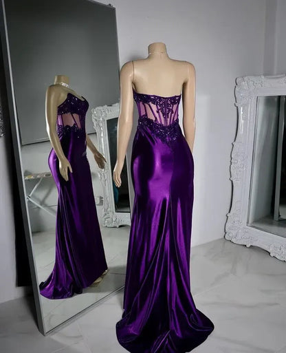 Deep Purple Sheer Corset Lace Sequin High Slit Mermaid Formal Evening Gown
