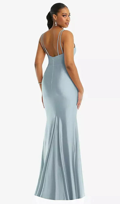 Deep V-Neck Stretch Satin Mermaid Dress with Slight Train in Mist