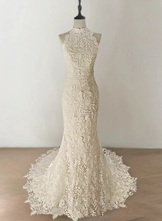 Delicated Trumpet Mermaid Halter Sleeveless Wedding Dresses with Lace Appliques
