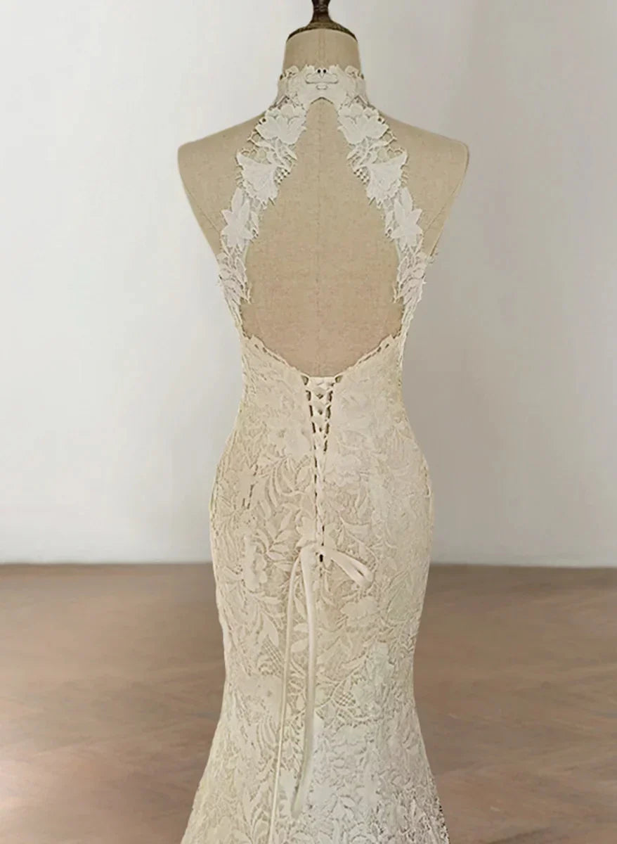 Delicated Trumpet Mermaid Halter Sleeveless Wedding Dresses with Lace Appliques