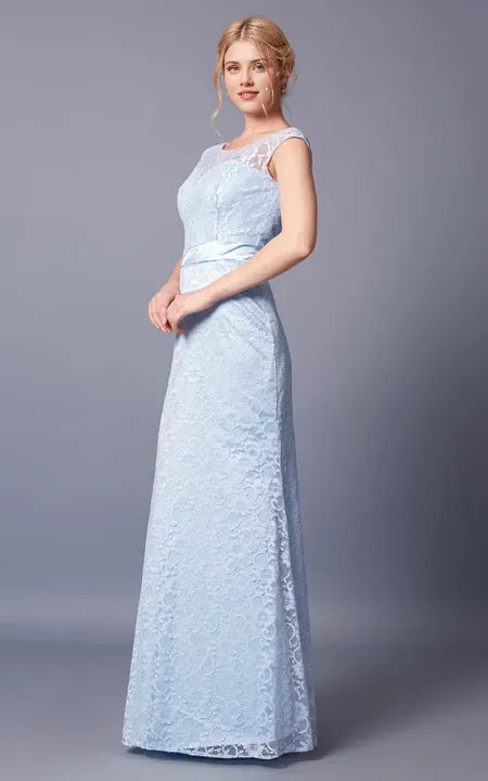 Demure Cap Sleeve Bateau Neck Long Lace Dress With Sash Deep-V Back Prom Dress/Dress For Formal