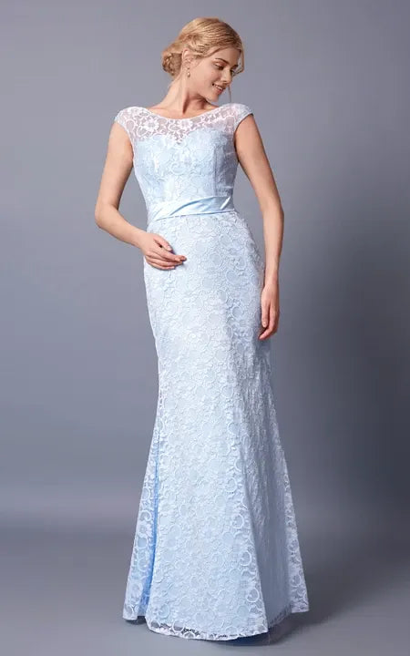 Demure Cap Sleeve Bateau Neck Long Lace Dress With Sash Deep-V Back Prom Dress/Dress For Formal